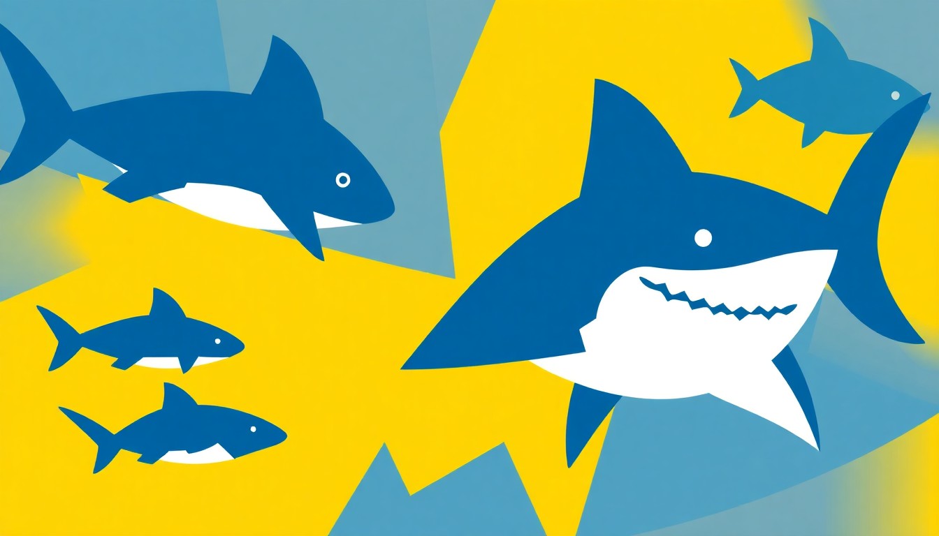 A striking abstract composition of jagged, geometric shapes in shades of blue and yellow, conceptually representing the unexpected 'Baby Shark' takeover of local radio stations in Bakersfield.