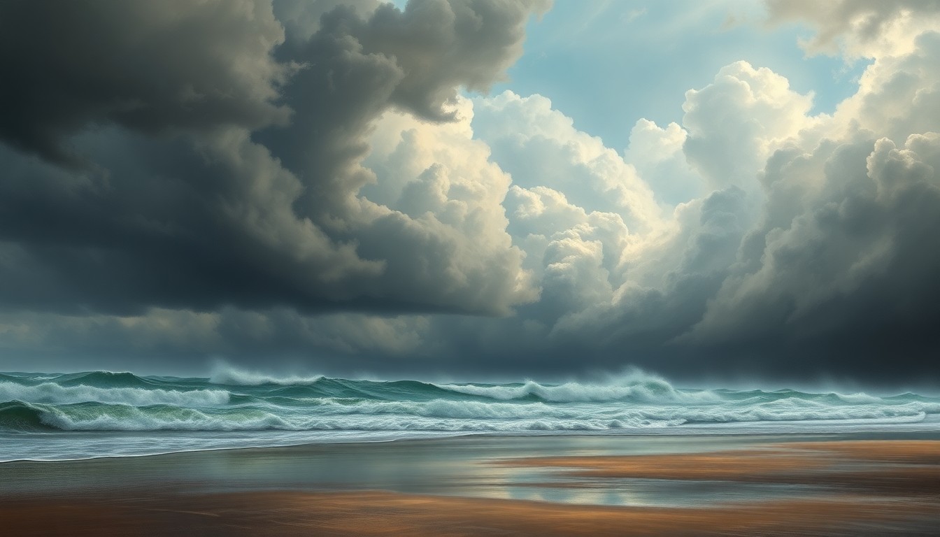 A dramatic, atmospheric landscape painting depicting a stormy, wind-swept beach scene with crashing waves and ominous clouds filling the sky, conveying the overwhelming scale and sublime beauty of the weather event.