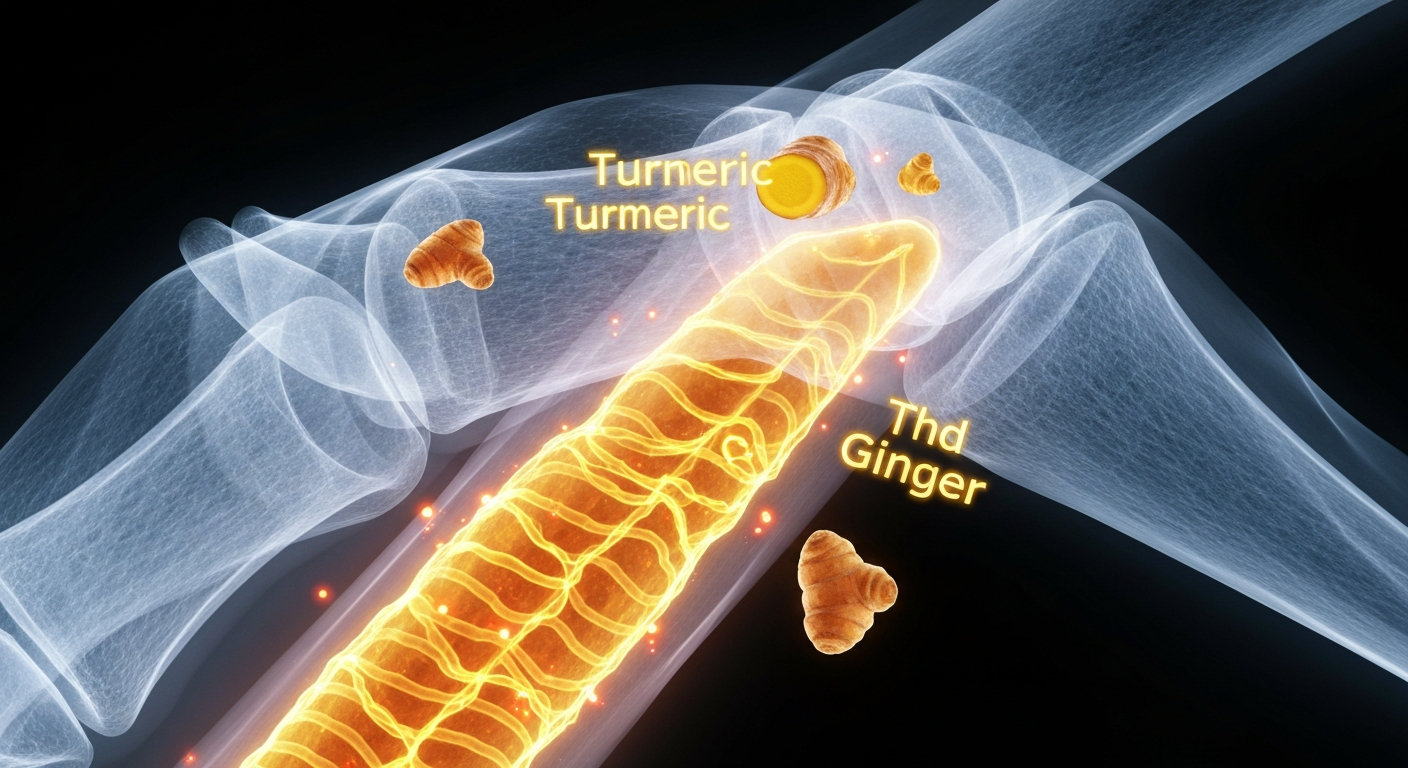 A ghostly, translucent X-ray photograph revealing the internal structure of a bone implant, with the turmeric and ginger compounds highlighted as glowing, vibrant lines and shapes, conceptually illustrating the medical breakthrough.