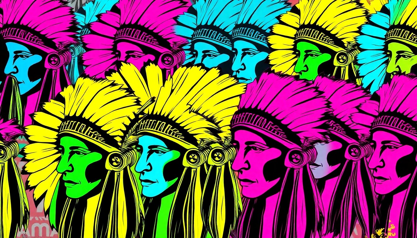 A bold, colorful silkscreen print featuring a repeated pattern of a traditional Native American headdress or stole, rendered in a high-contrast, pop art style with flat, neon-bright colors and heavy black outlines, conceptually representing the cultural pride and inclusion of Indigenous students at their graduation ceremonies.