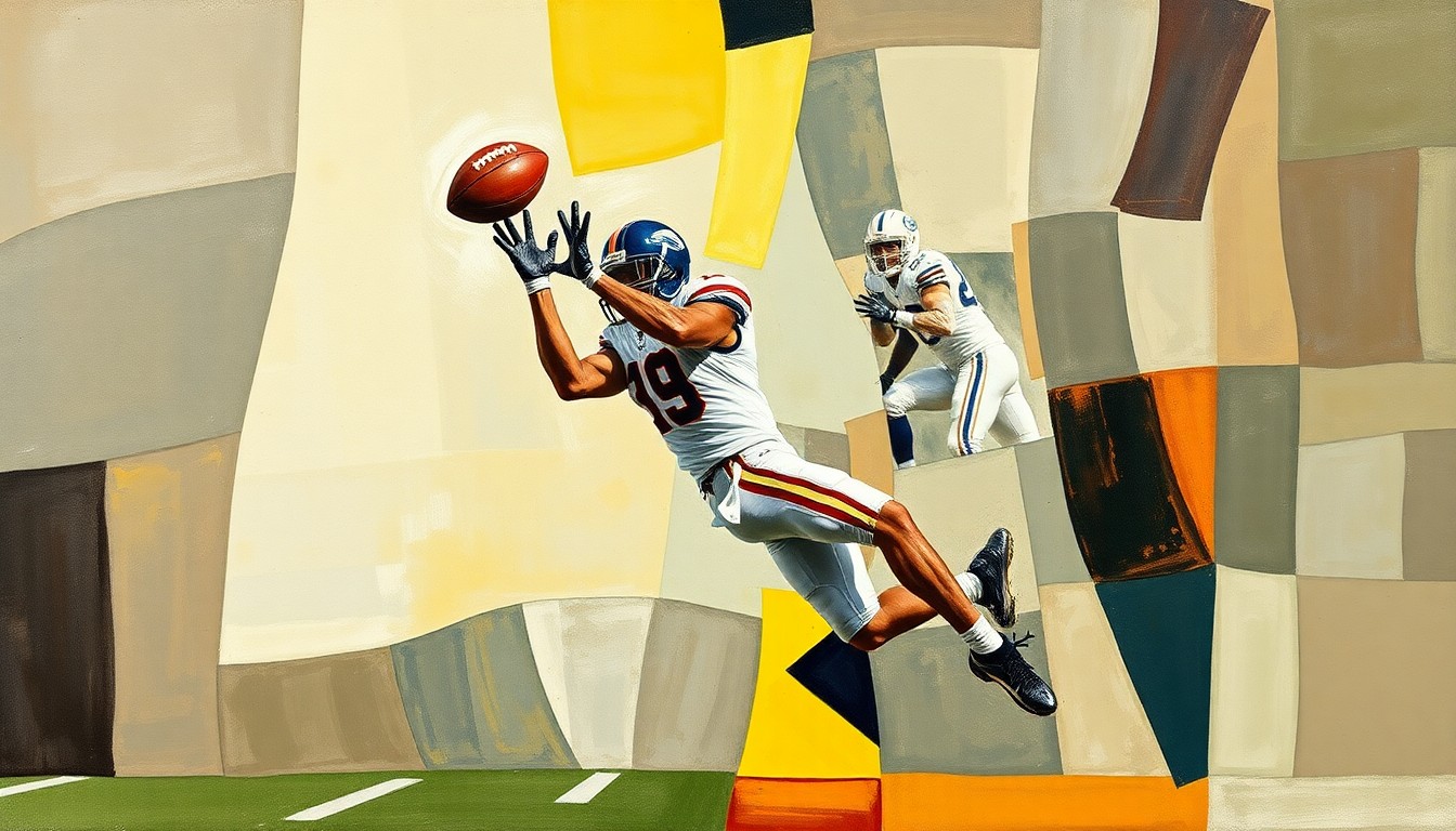 A fragmented, geometric painting depicting a tight end in mid-catch, the player's form broken down into sharp, overlapping planes of color, conceptually representing the Ravens' new offensive approach.