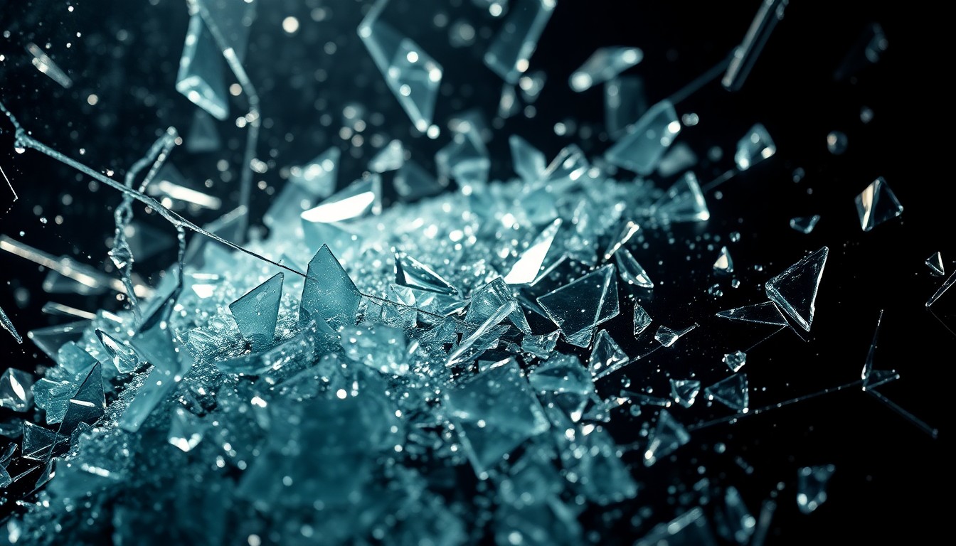 An extreme close-up photograph of shattered glass and glittering shards in high-contrast studio lighting, conveying the gritty, stylized aesthetic of underrated thriller films.