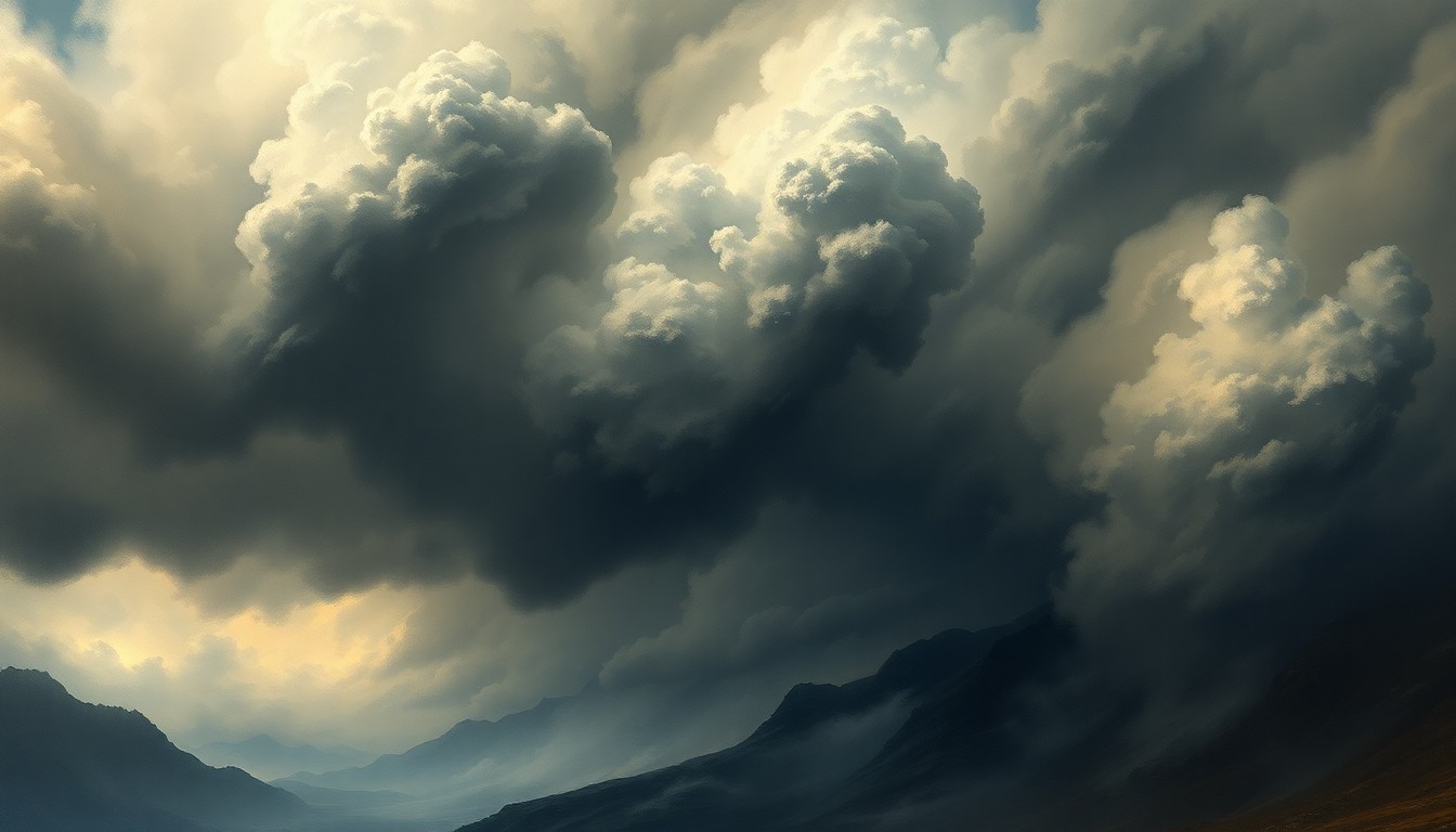 A sweeping, atmospheric landscape painting depicting a massive, swirling storm system dominating the scene, with small structures and landforms dwarfed by the overwhelming power of nature.