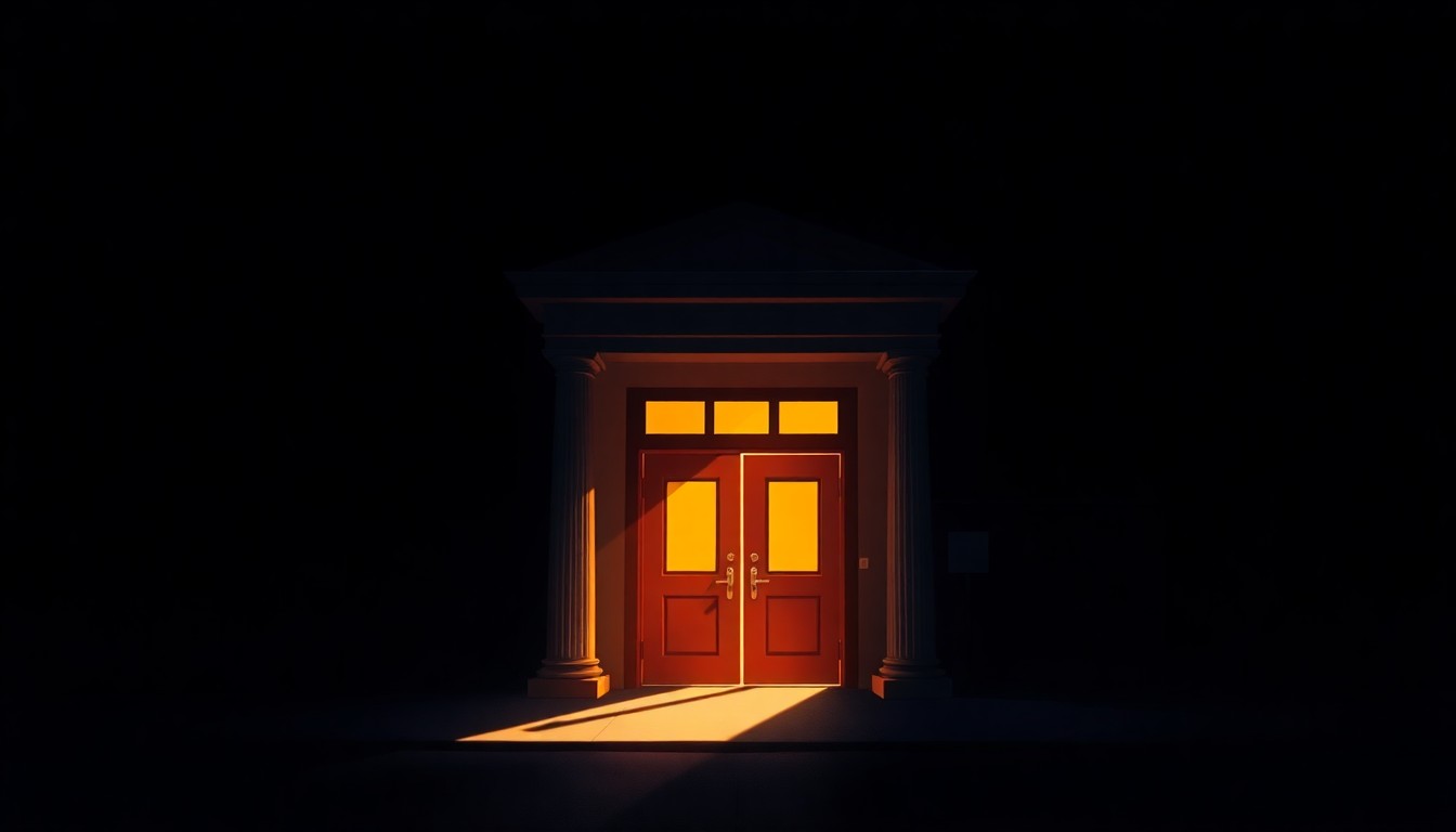 A cinematic painting of a solitary courthouse entrance, with warm sunlight casting deep shadows, conveying a sense of unease about the role of federal immigration enforcement in local legal proceedings.