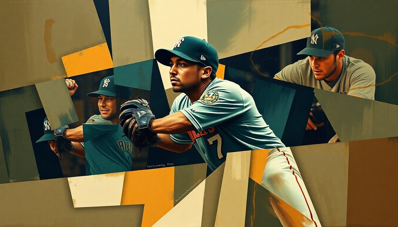 A fractured, cubist-style painting depicting a baseball pitcher in motion, with overlapping geometric shapes and planes in muted tones, conveying the emotional complexity of the moment.