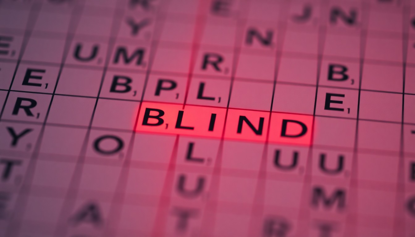 An extremely abstracted, out-of-focus photograph of a crossword puzzle grid, with only the letters 'BLIND' visible in sharp focus, surrounded by a warm, hazy glow of light, conceptually representing the philosophical nature of the clue.