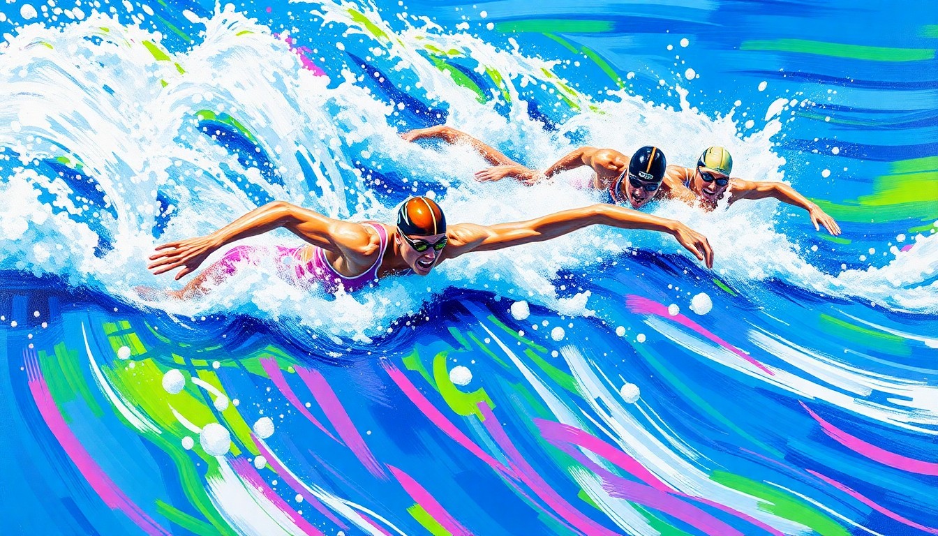 An abstract, expressionist painting in vibrant neon colors, capturing the fluid motion and raw power of open water swimmers racing through the waves, their bodies and movements dissolving into dynamic, unrecognizable forms.