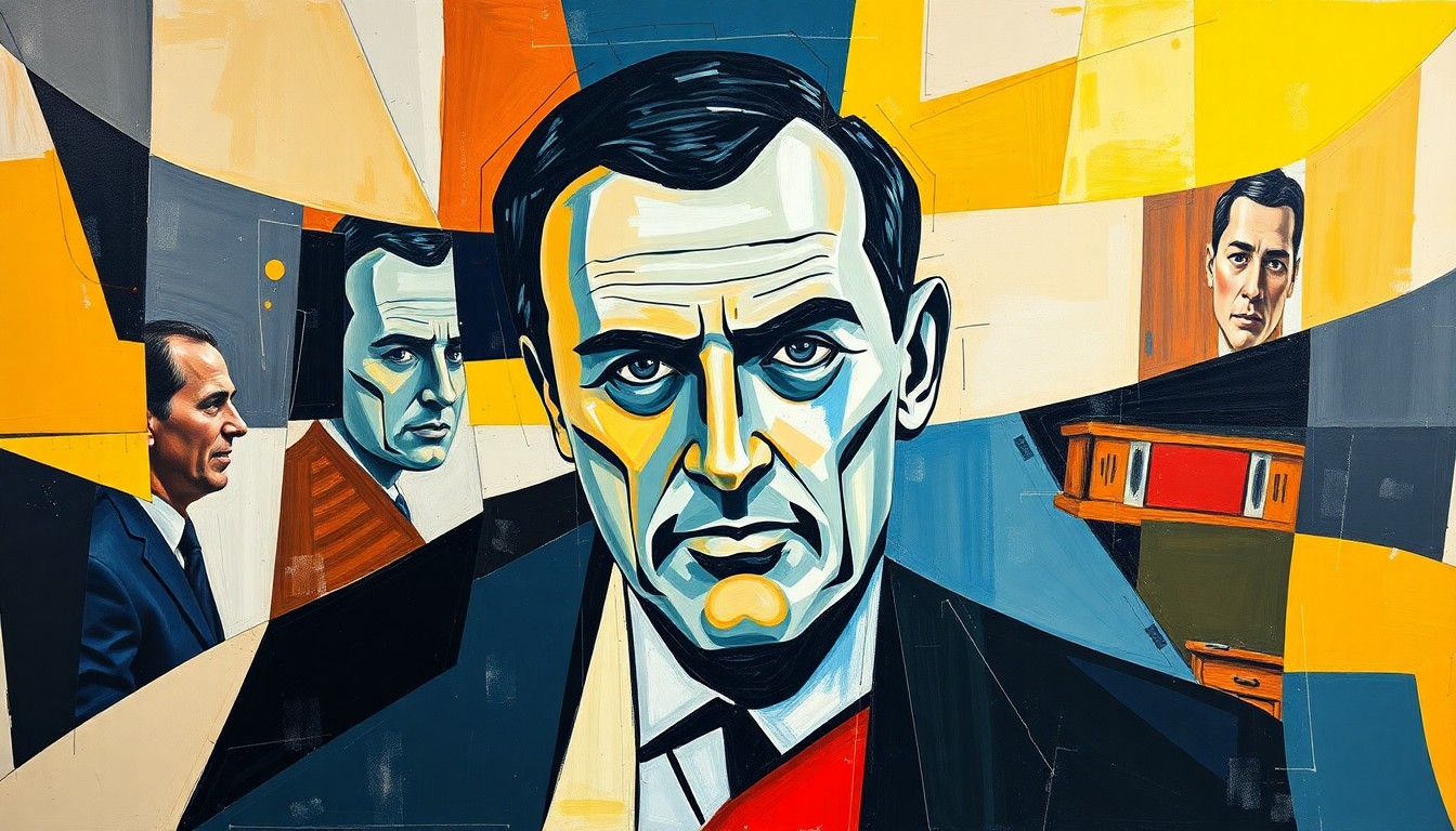 A cubist-style painting featuring overlapping geometric shapes and planes in shades of blue, red, and yellow, conceptually representing the multifaceted process of a hockey team's general manager search.