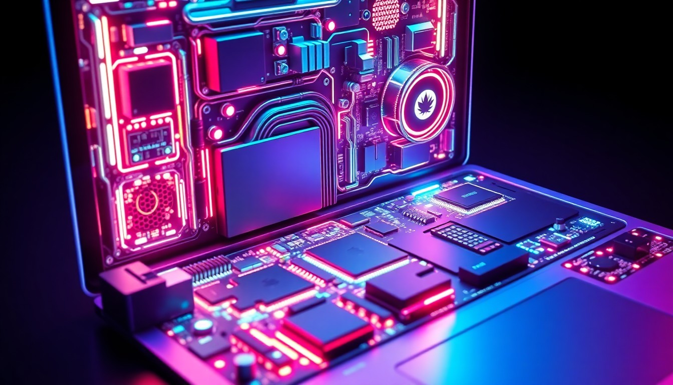 A highly detailed, glowing 3D illustration of the internal components and circuitry of a laptop, with neon cyan and magenta lights illuminating the complex hardware, conceptually representing the technological complexity and supply chain challenges behind the popular new MacBook Neo.