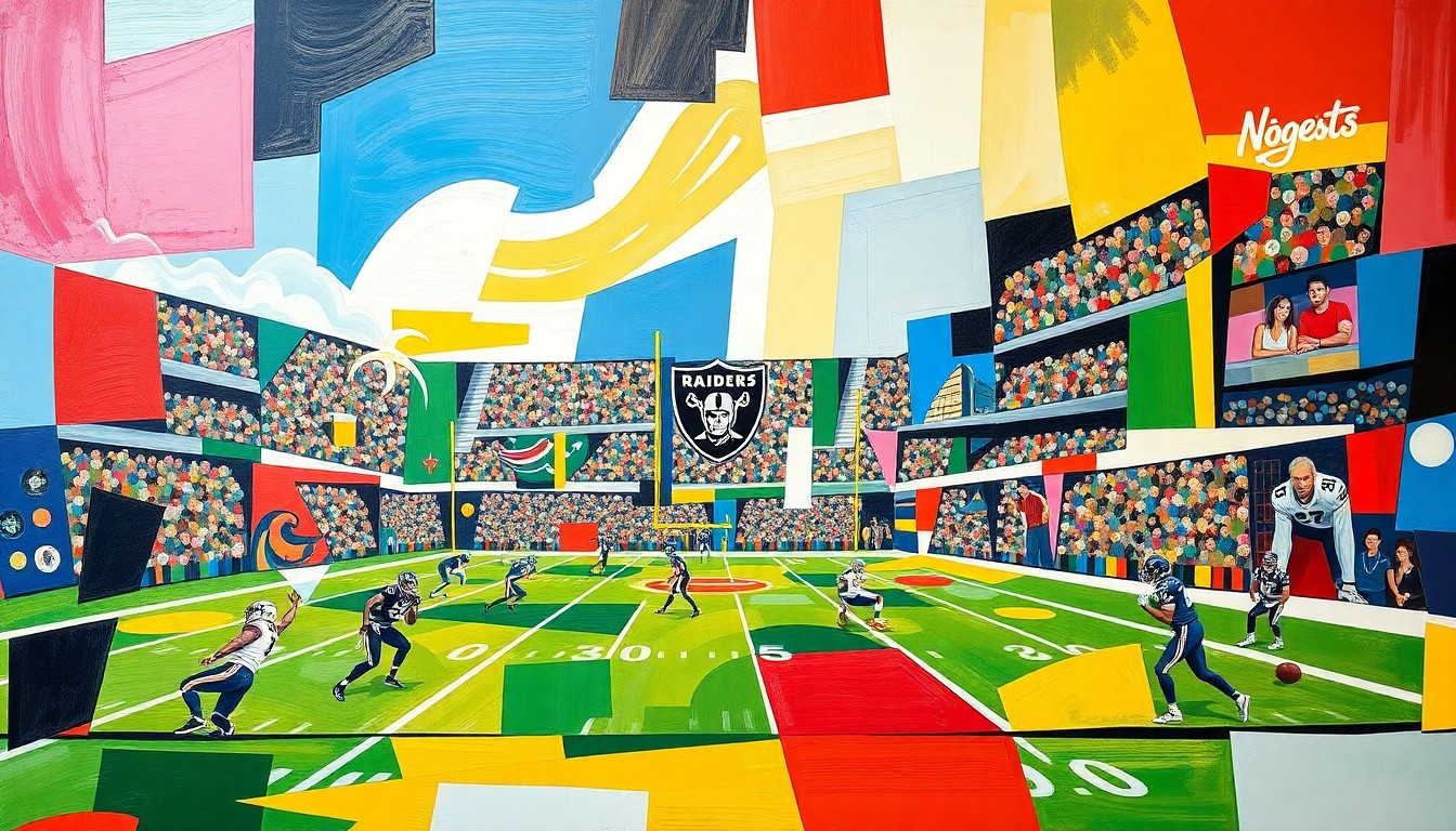 A cubist, geometric painting depicting a football game or match, with sharp, overlapping planes of color representing the action on the field.