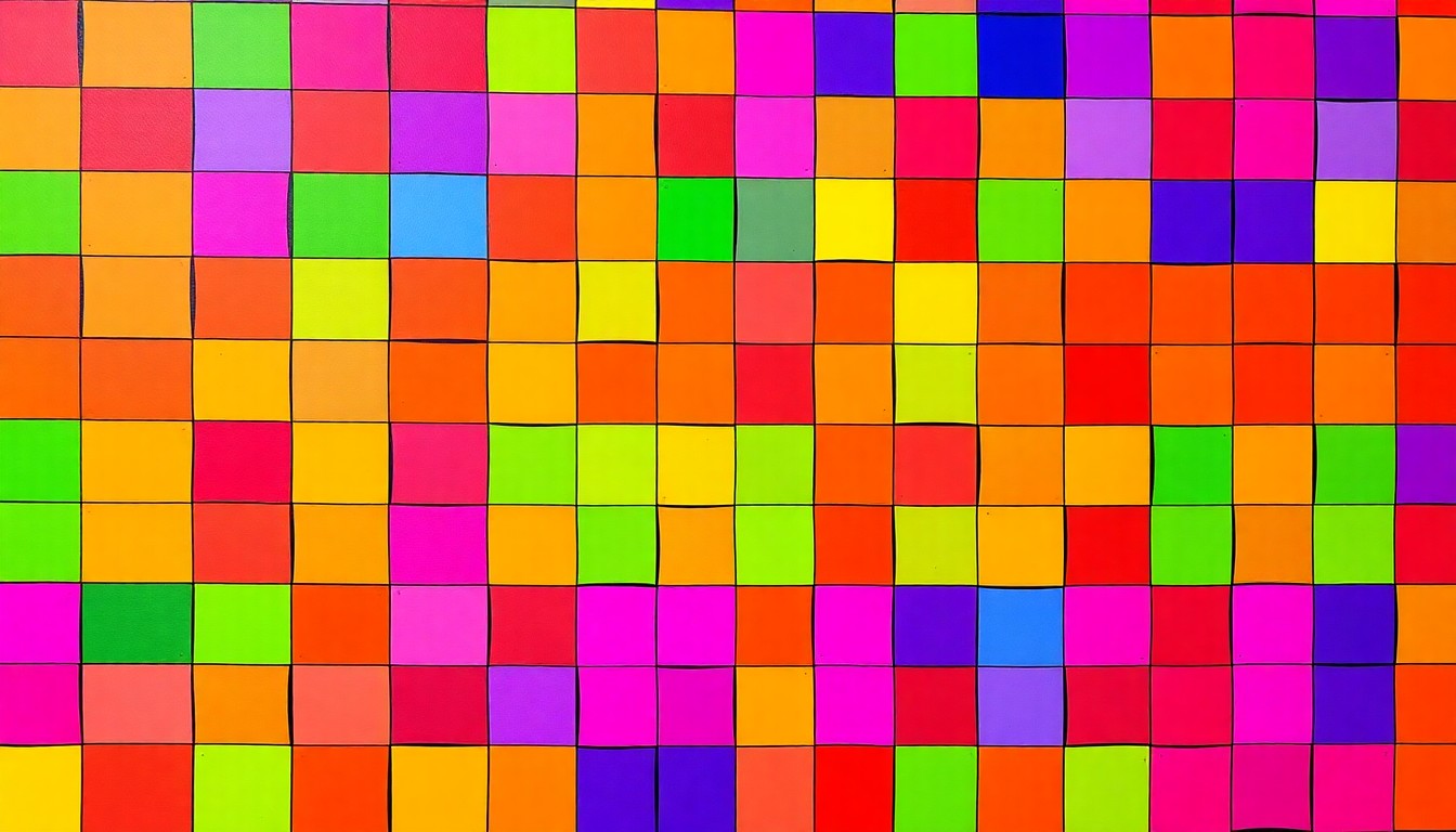 A repeating grid of brightly colored, high-contrast crossword tiles in neon shades of pink, yellow, and blue, conceptually representing the joy of completing a challenging puzzle.