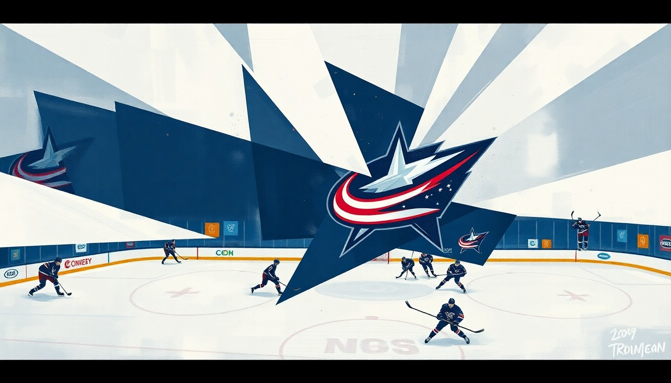 A cubist, geometric painting depicting a hockey player in motion, their form broken down into sharp, overlapping planes of muted blues, grays, and flashes of red and navy, conceptually representing the fragmented nature of Conor Garland's experience with the Columbus Blue Jackets.