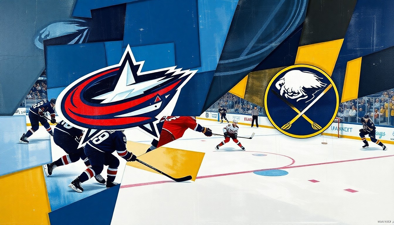 A fractured, multi-perspective painting in the style of Pablo Picasso, breaking down a hockey game or match into sharp, overlapping geometric planes of blue, red, gold, navy, and white, conceptually representing the Blue Jackets' collapse in the playoff race.