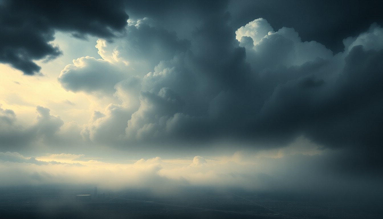 A vast, atmospheric landscape painting depicting a stormy, fog-shrouded scene over the silhouetted skyline of Omaha, with the city's buildings and infrastructure dwarfed by the overwhelming power of the natural elements.