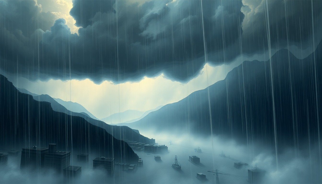 A vast, atmospheric landscape painting in muted tones of gray, blue, and green, depicting a heavy rainstorm sweeping across the island of Oahu. The scene uses deep perspective and dramatic lighting to convey the overwhelming scale and power of the weather, with only faint outlines of buildings and infrastructure visible through the torrential downpour.