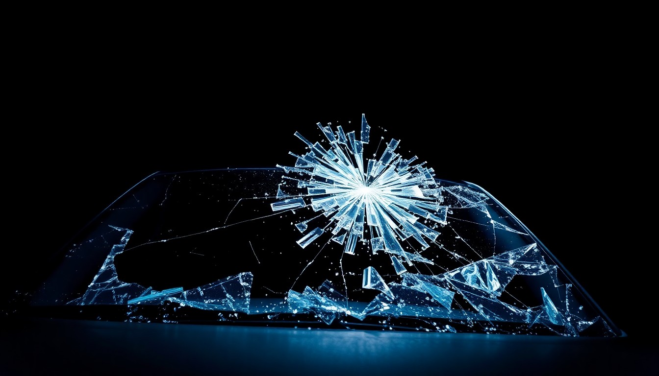 An extreme close-up photograph of broken glass from a damaged car, capturing the harsh, gritty, and investigative aesthetic of the Weegee photographic style.