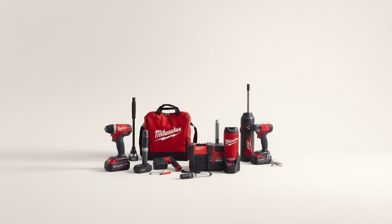 A minimalist studio still life photograph featuring a collection of Milwaukee Tool products arranged elegantly on a clean, monochromatic background, conceptually representing the precision and quality of the company's tools.