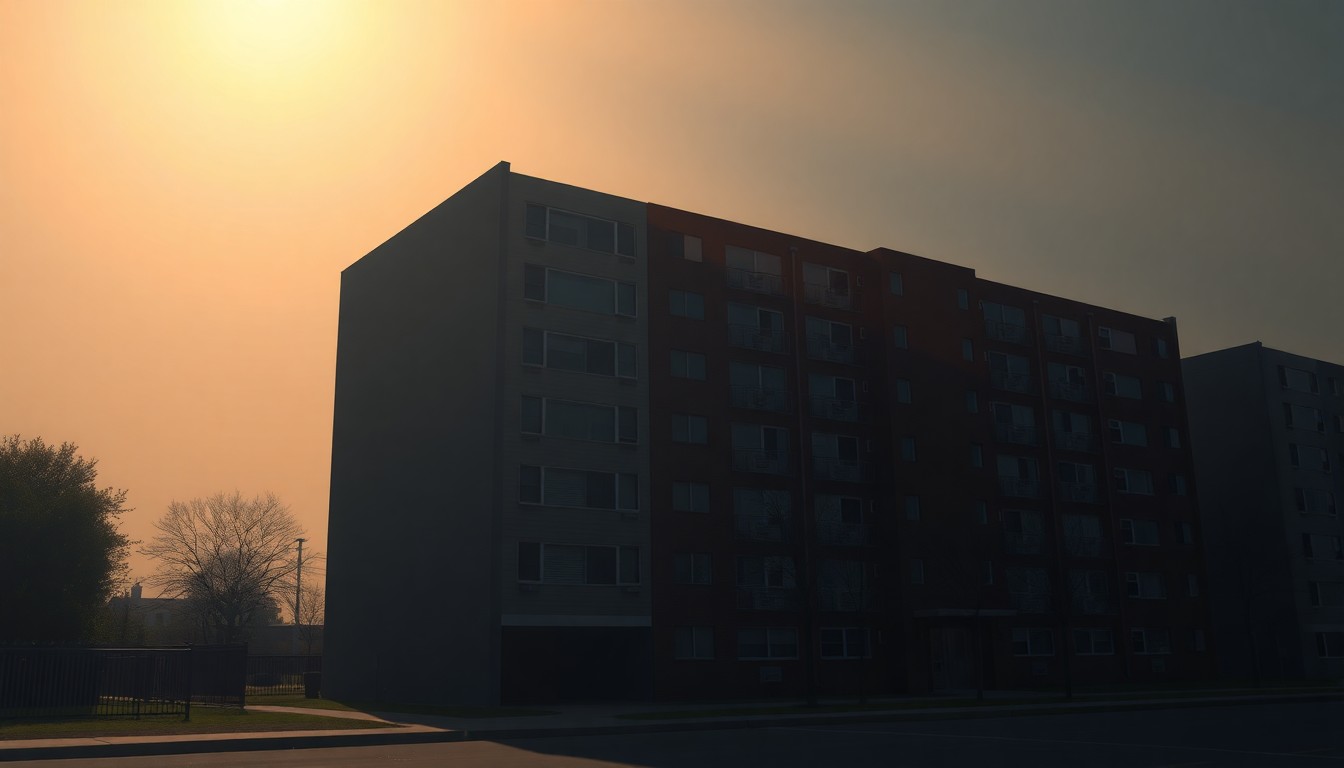 A textured, realistic painting of a multi-story apartment building in warm, golden tones, with long shadows cast across the facade, conceptually representing the mixed-income housing project in Dallas and the tensions around its tax-exempt financing.