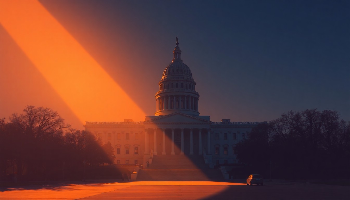 A serene, cinematic painting of a state capitol building in warm sunlight, conveying a sense of quiet contemplation about the political process of crafting the state budget.
