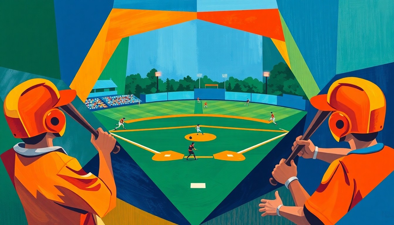 A cubist-style painting depicting a high school baseball game, with players, bats, and baseballs broken down into sharp, overlapping geometric shapes in a vibrant color palette, capturing the energy and movement of the sport.