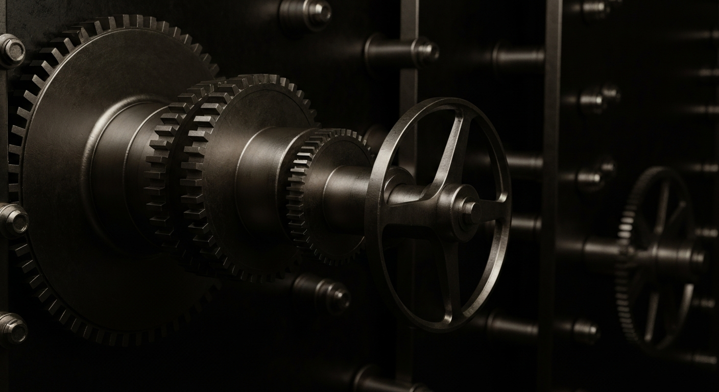 An extreme close-up of the heavy, industrial machinery and gears of a vintage bank vault, dramatically lit to convey a sense of financial security and stability without using any literal currency or charts.