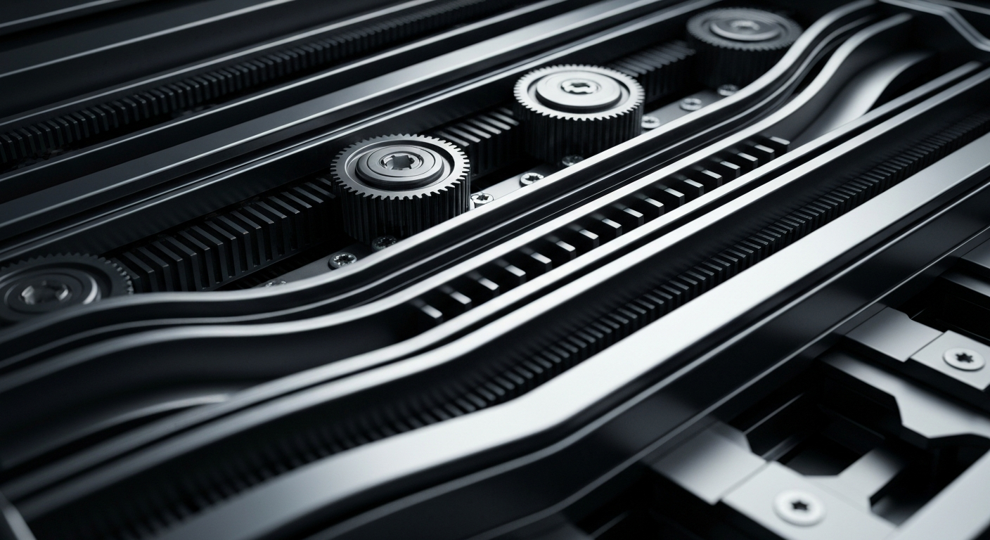 An extreme close-up of the inner workings of a complex financial data processing machine, with gears, circuits, and other industrial components filling the frame and conveying a sense of the technological infrastructure behind modern investing.