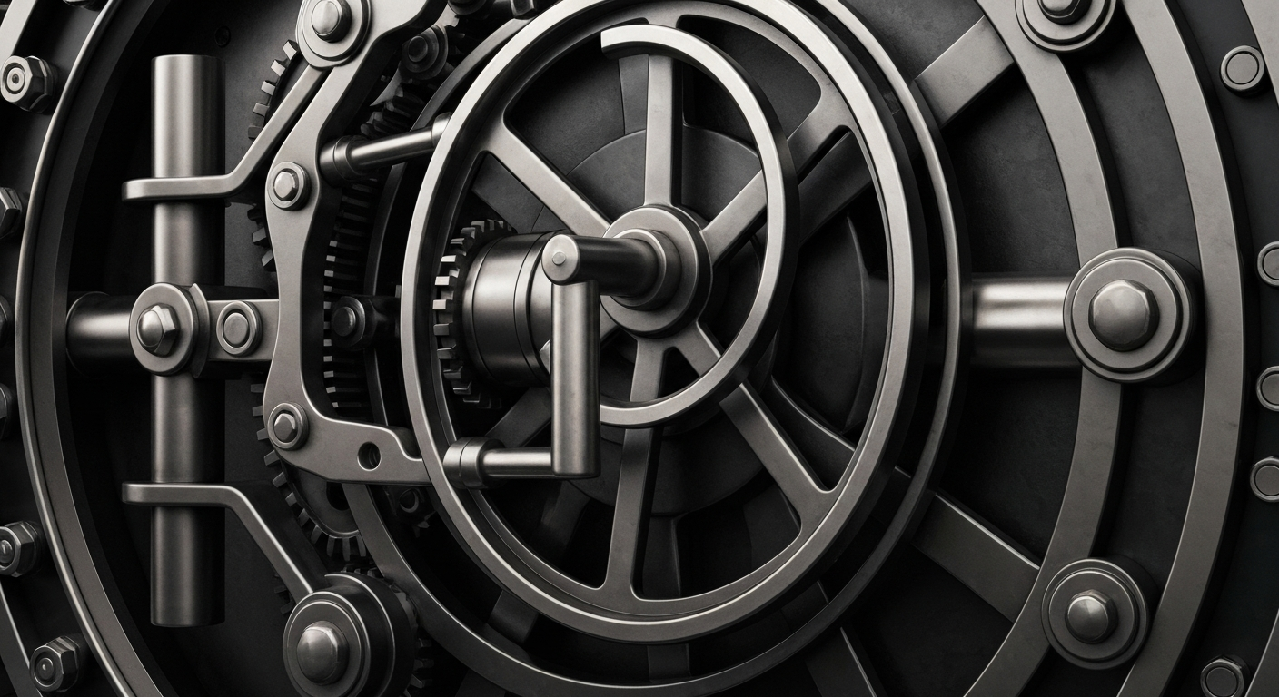 An extreme close-up of the heavy, industrial components that make up the inner workings of a bank vault door, conveying a sense of security and the tangible weight of financial institutions.