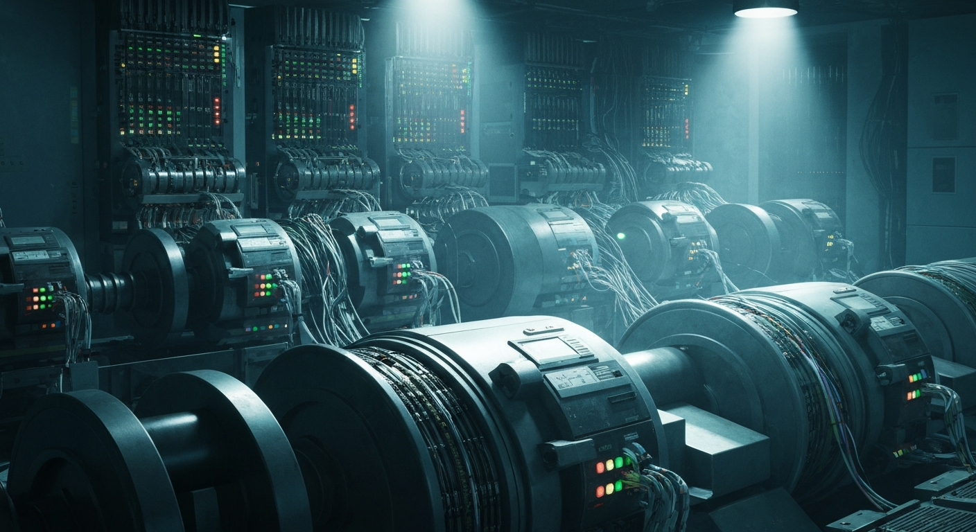 An extreme close-up of a complex array of metal gears, circuits, and computer components, conveying the idea of a powerful, secure financial system without using any literal currency or banking imagery.