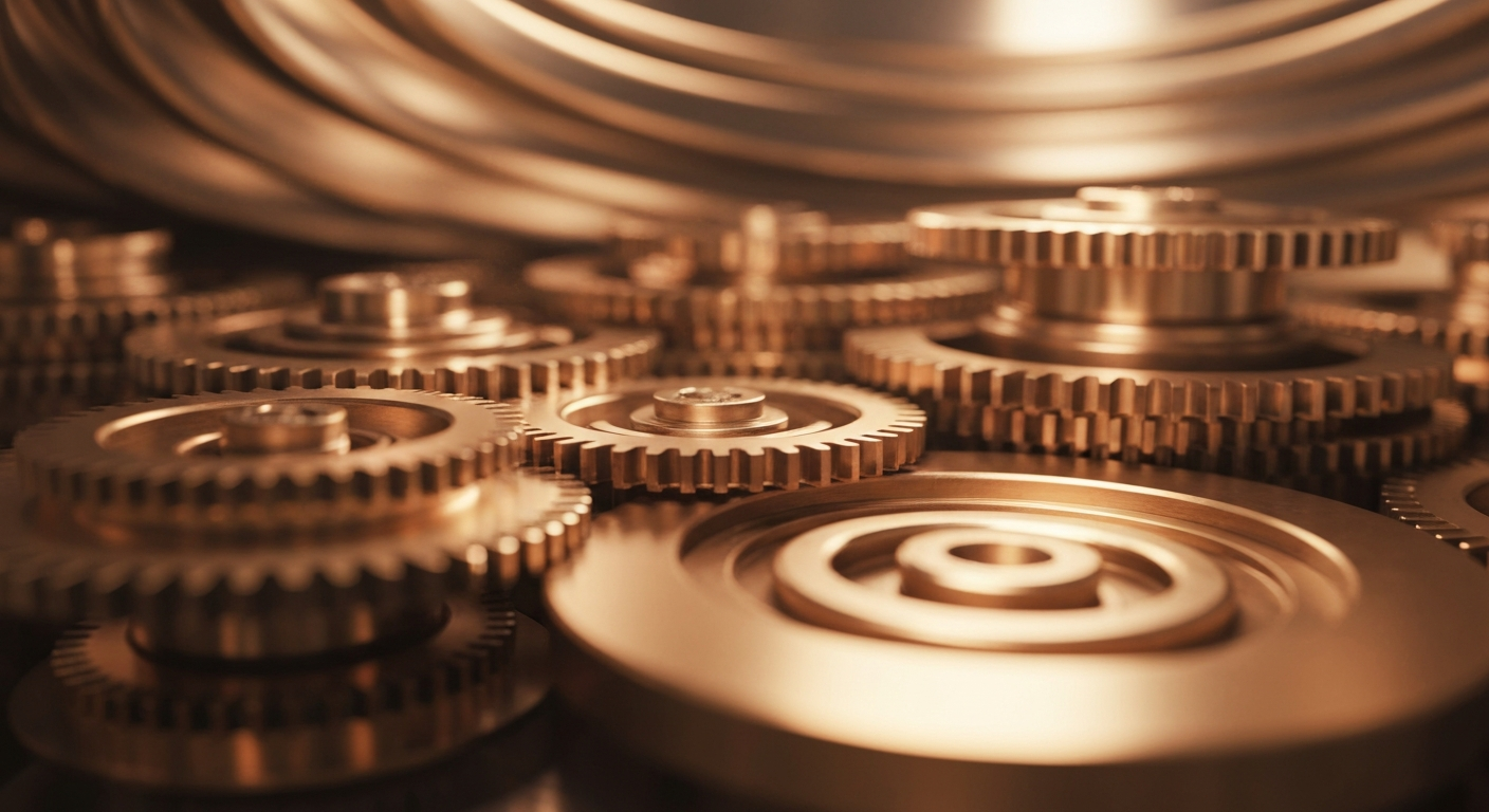 A dramatic, high-contrast close-up image of the intricate metal machinery and components that make up the inner workings of a semiconductor device, conveying the complex and powerful nature of the technology that powers modern electronics.