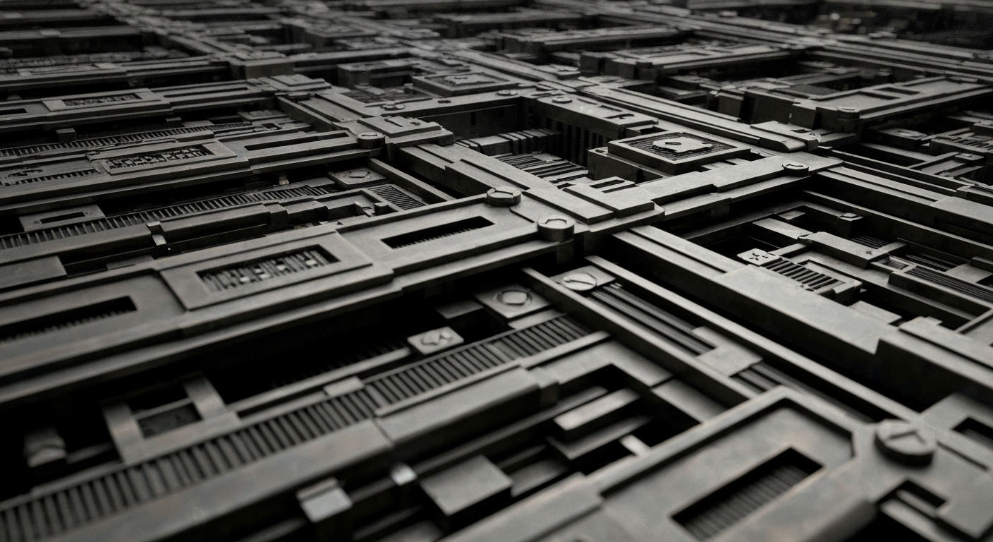 An extreme close-up of a complex array of gears, levers, and sensors in a muted industrial color palette, conceptually representing the intricate financial machinery and institutional power of a global technology corporation.