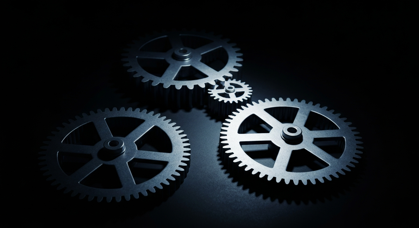 An extreme close-up of highly detailed, interlocking metal gears and machinery, representing the complex financial infrastructure and institutional investment that supports the pharmaceutical industry.