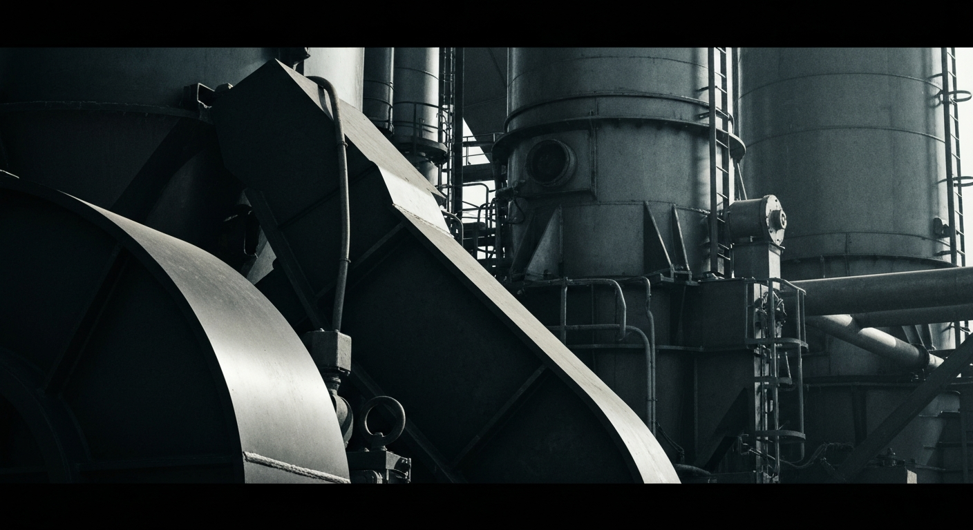 A close-up, high-contrast image of heavy industrial machinery and equipment used in the production of sustainable food, feed, and fuel ingredients, conveying the tangible, physical nature of Darling Ingredients' operations.