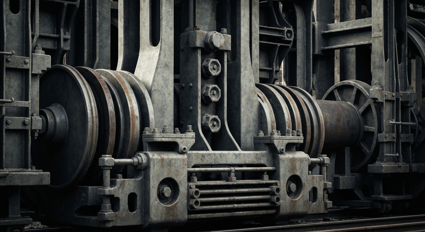 An extreme close-up of intricate, heavy railroad machinery and infrastructure in muted tones of steel grey, rust, and black, conveying a sense of the power and complexity behind America's transportation network.