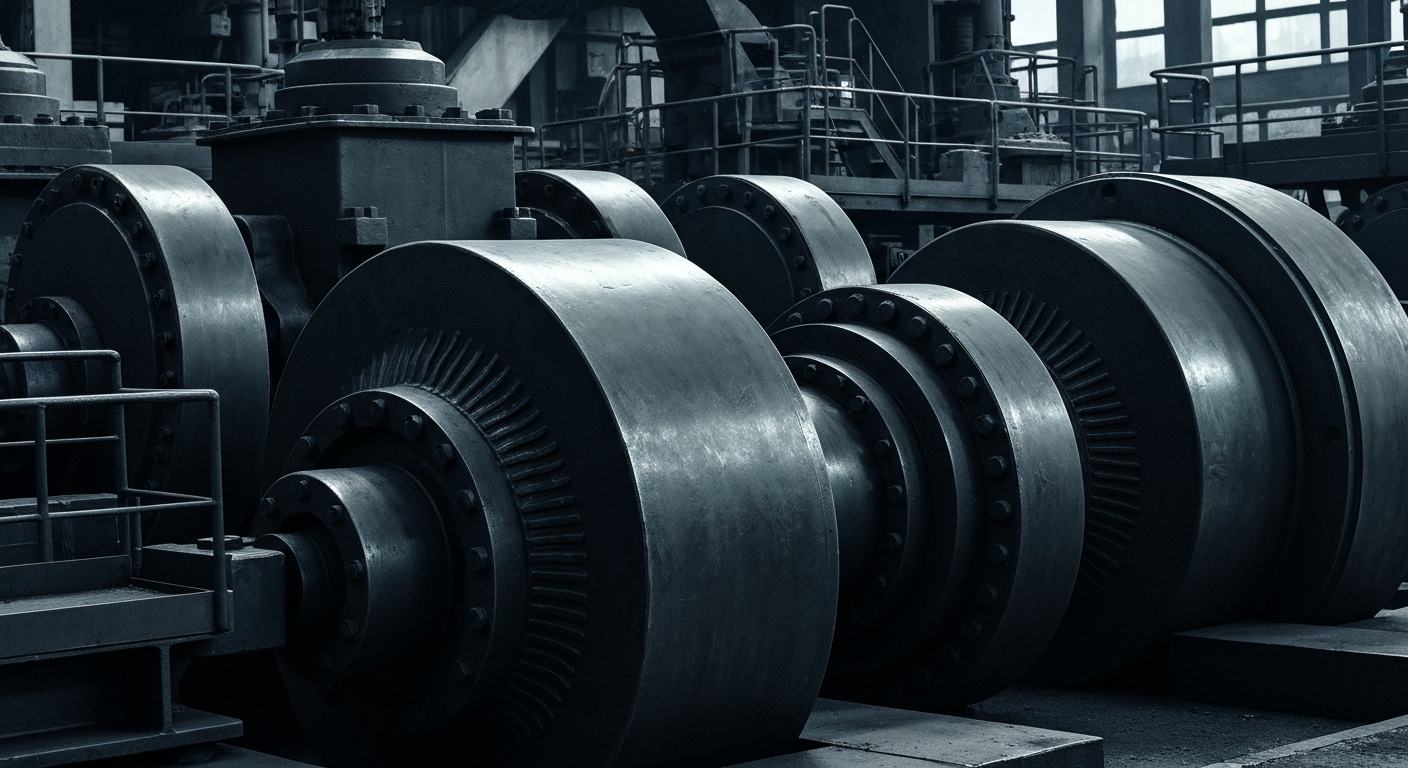 A dramatic, high-contrast close-up of the gears, pulleys, and metallic components of an industrial steel manufacturing machine, conveying the heavy, physical nature of the steel industry.