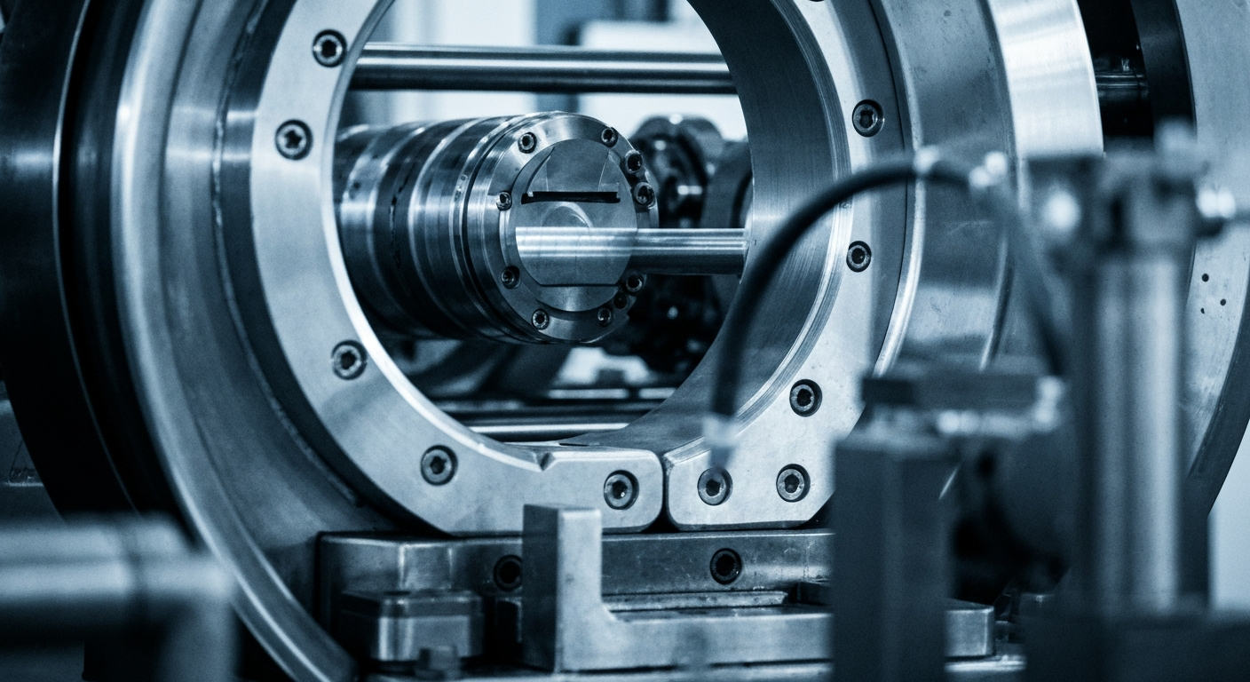 An extreme close-up of highly textured, industrial machinery and equipment used in the manufacturing of aluminum packaging and aerospace components, conveying a sense of power, precision, and technological advancement without any text or logos.