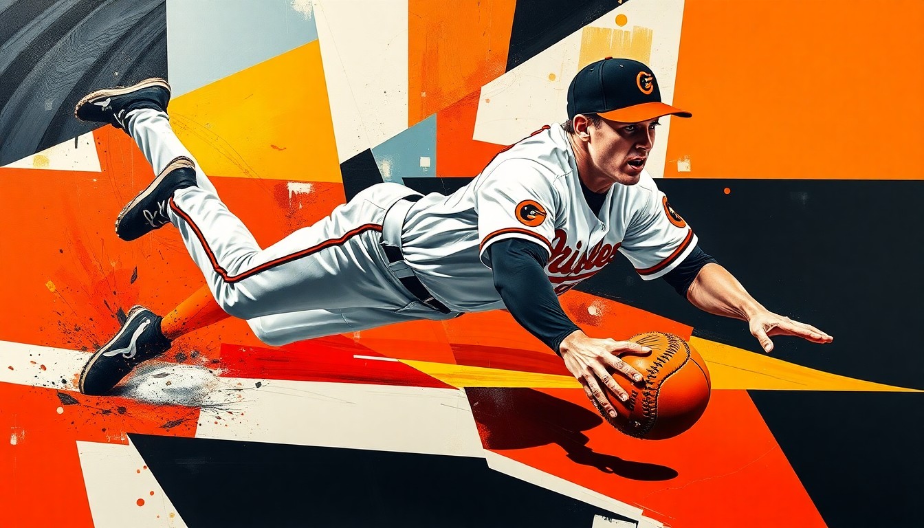 A cubist-style painting depicting a baseball infielder making a diving play, with the action broken down into sharp, overlapping geometric shapes in vibrant Orioles colors.