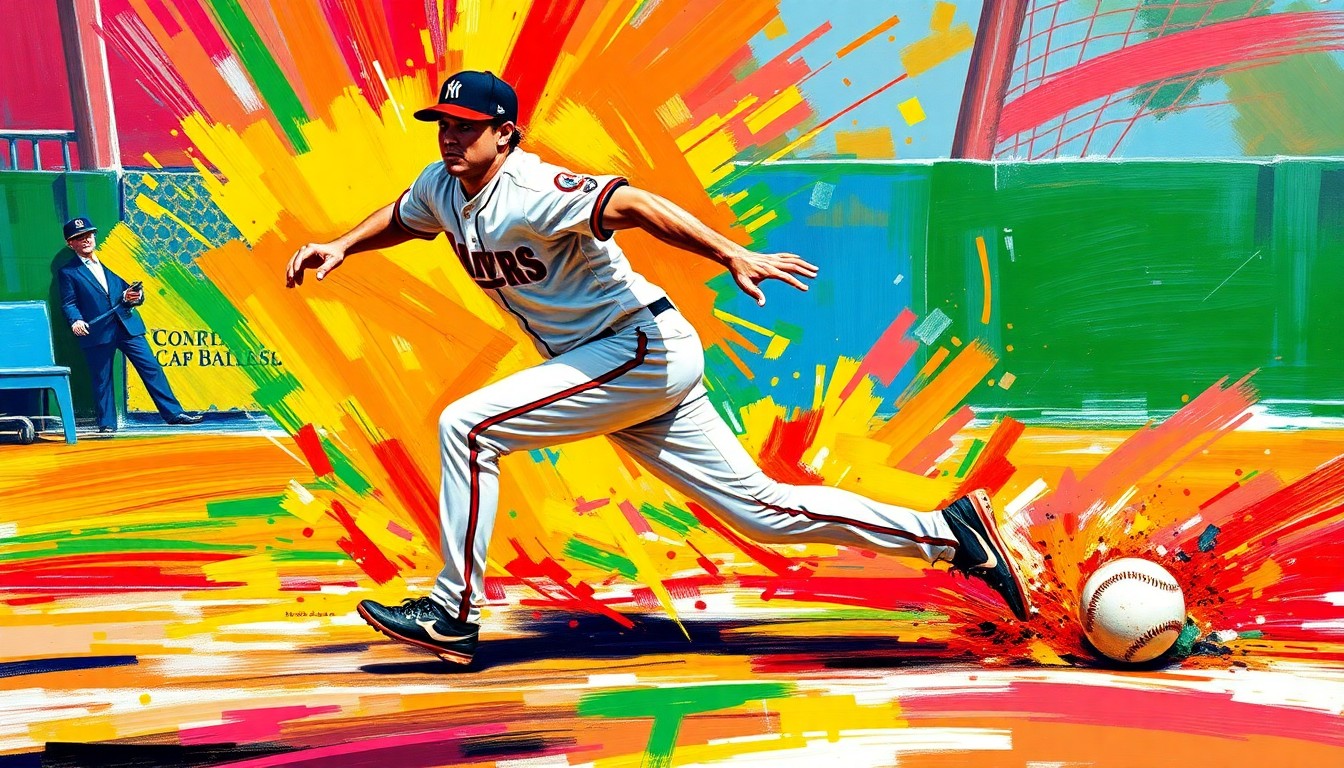 An abstract, expressionist painting using bold, neon-colored brushstrokes to depict the dynamic motion of a baseball player stealing a base, representing the lasting impact of Davey Lopes' athletic and mentorship legacy.