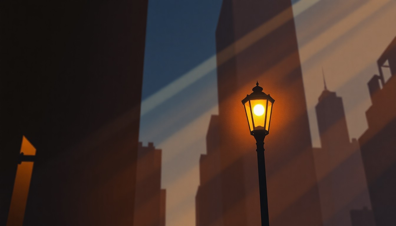 A serene, cinematic painting of a lone New York City street lamp post, its warm glow and deep shadows evoking a contemplative mood as the new mayor navigates the challenges of governing the city.