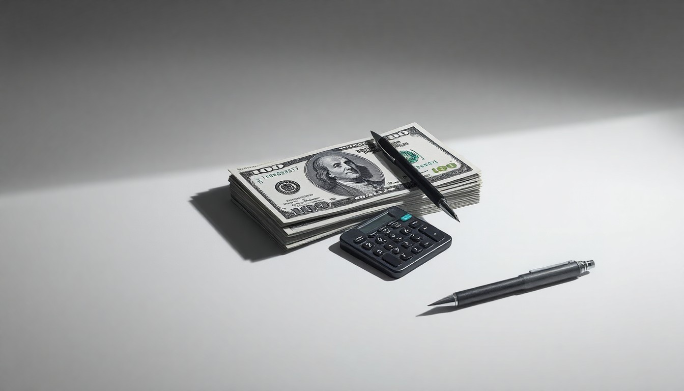 A photorealistic studio still life featuring a stack of dollar bills, a calculator, and a pen arranged on a clean, monochromatic background, conceptually representing changes in corporate finance and investor sentiment.