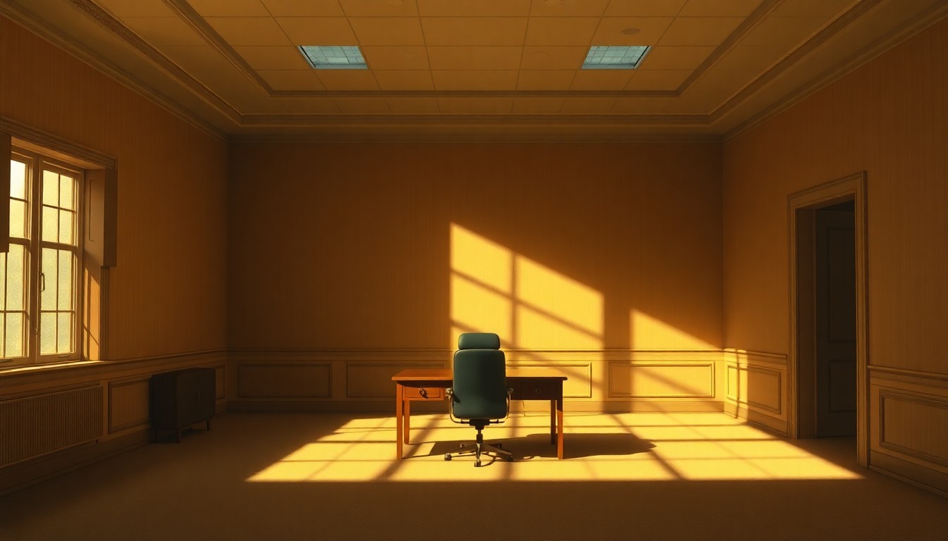 A serene, cinematic painting of a dimly lit, empty government office interior with a single chair and desk, conveying a sense of political tension and unease.