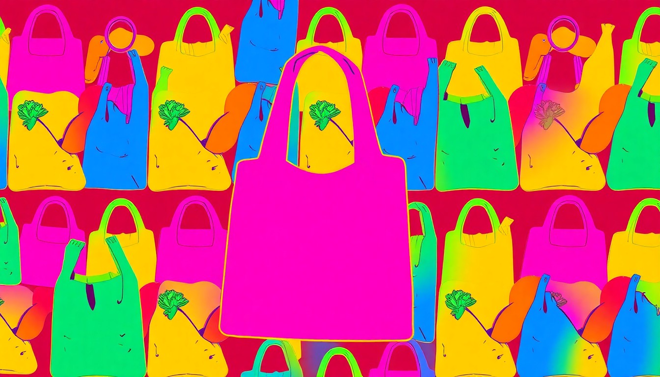 A brightly colored, high-contrast silkscreen print of a single, iconic lifestyle object such as a reusable grocery bag, produce item, or natural beauty product repeated in a tight grid pattern, conceptually representing the joyful energy of a community festival.