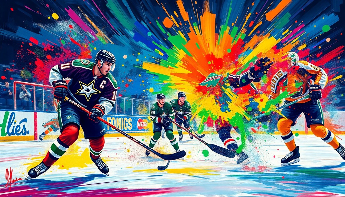 An abstract, expressionist painting in neon colors depicting the frenetic action of a hockey game, with players' movements and the puck blending into a vibrant, energetic composition.