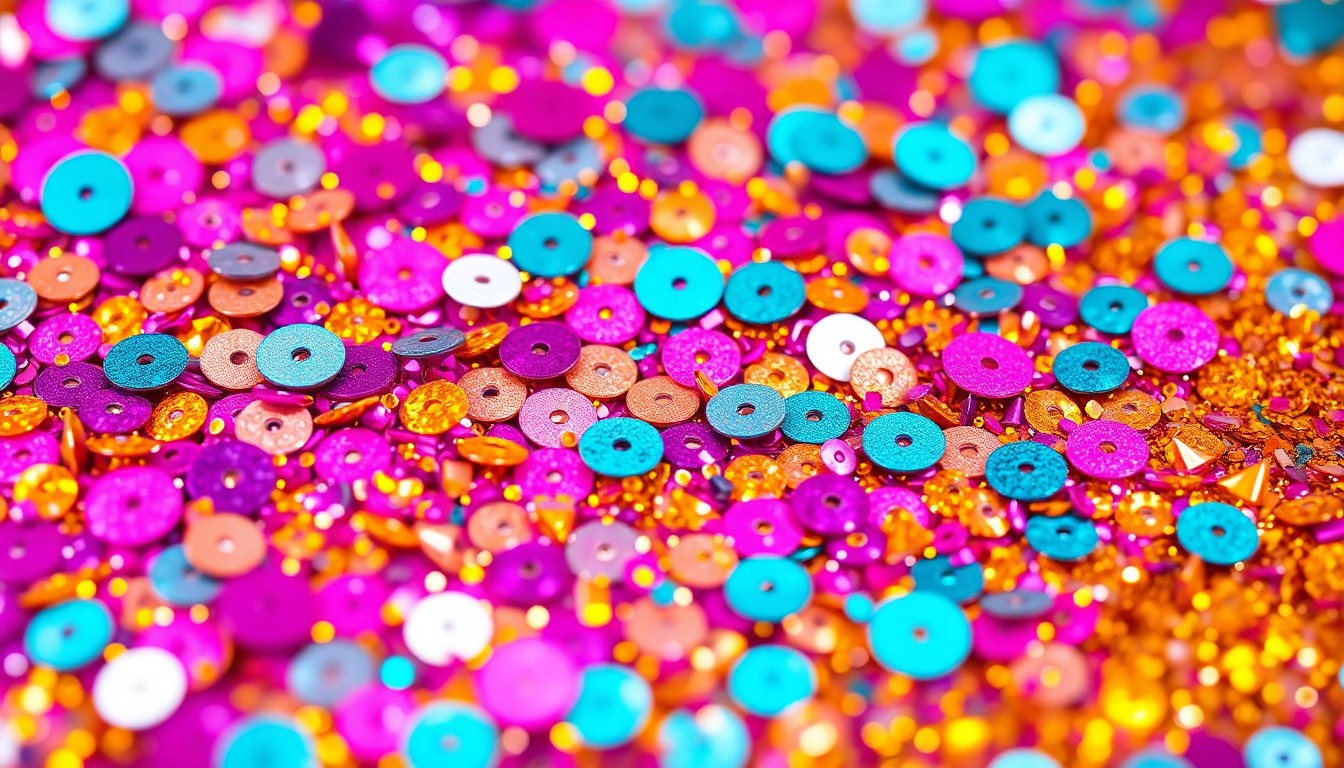 An extreme close-up photograph of shimmering, high-contrast sequins and metallic textures in vibrant shades of pink, blue, and gold, conceptually representing the glamour and energy of a major music festival performance.