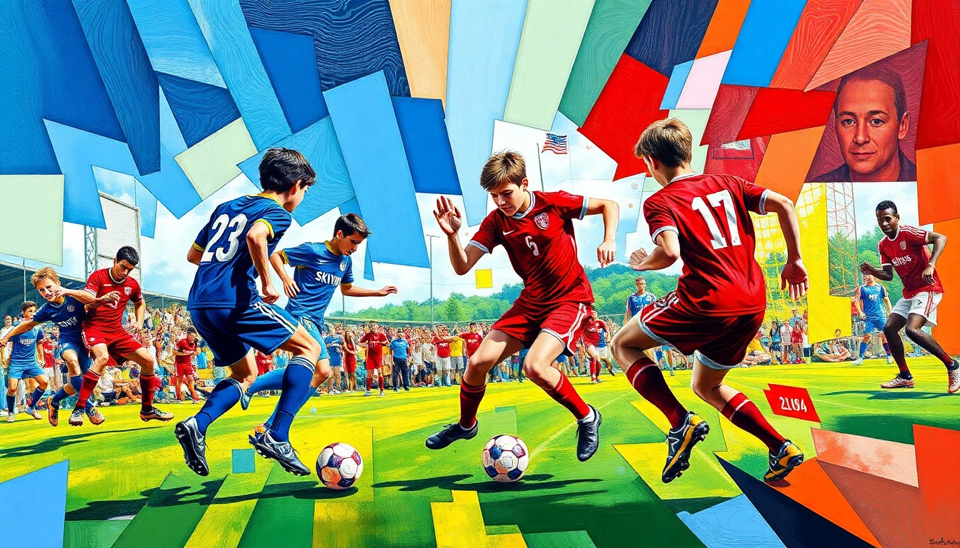 A fractured, multi-perspective painting in bold, clashing colors that captures the intensity of a high school soccer match through a cubist lens, breaking the action down into sharp, overlapping geometric planes.