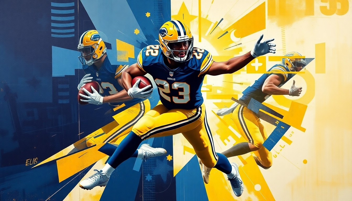 A fractured, cubist-style painting depicting the athletic movements and versatility of a football player, with sharp, overlapping geometric planes in navy blue, gold, and white colors.