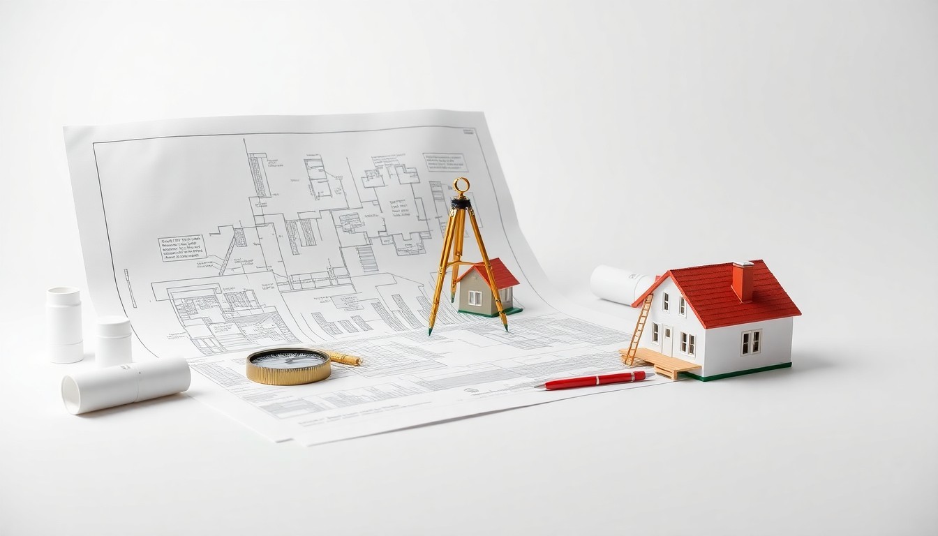 A minimalist studio still life featuring architectural blueprints, a surveyor's compass, and a small model home figurine, symbolizing the complexities of real estate development.