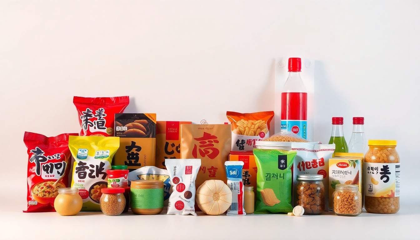 A high-end studio photograph featuring an artful arrangement of various Korean snacks, drinks, and household goods on a clean, minimalist background, conceptually representing the diversity and specialty offerings of Springfield's newest retail business.