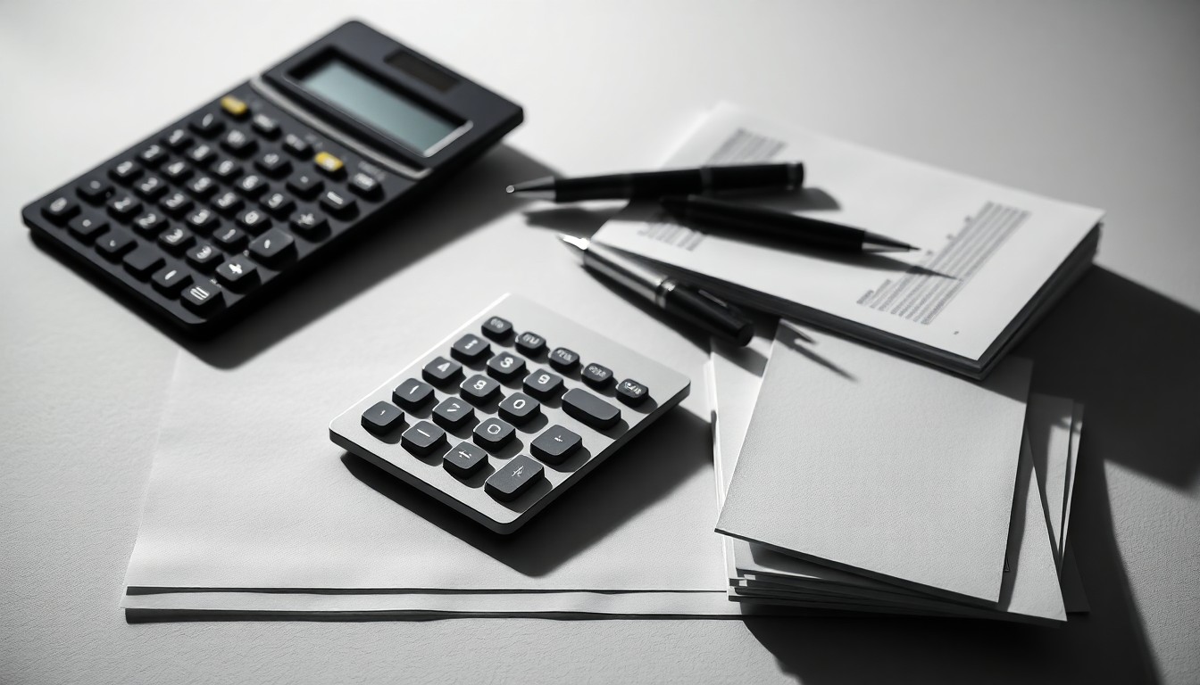 A photorealistic studio still life featuring a calculator, pen, and stack of financial documents arranged on a clean, monochromatic background, conceptually representing the abstract corporate strategy and finance issues at the center of the Camping World securities fraud case.