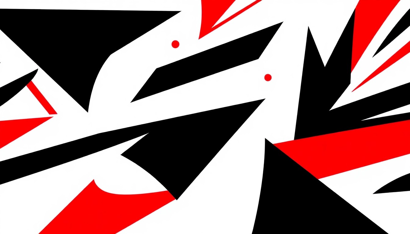 A striking abstract composition of geometric black shapes and bold red accents, conveying the rhythmic energy and cultural diversity of an American choral concert.