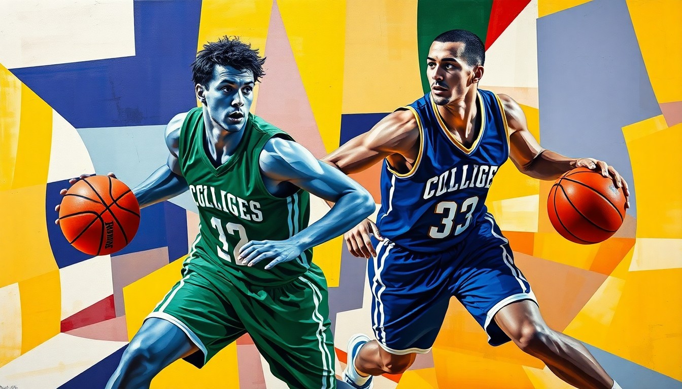 A fractured, cubist-style painting depicting the dynamic movements of two basketball players in action, with their forms broken down into sharp, overlapping geometric shapes and planes in a vibrant color palette.